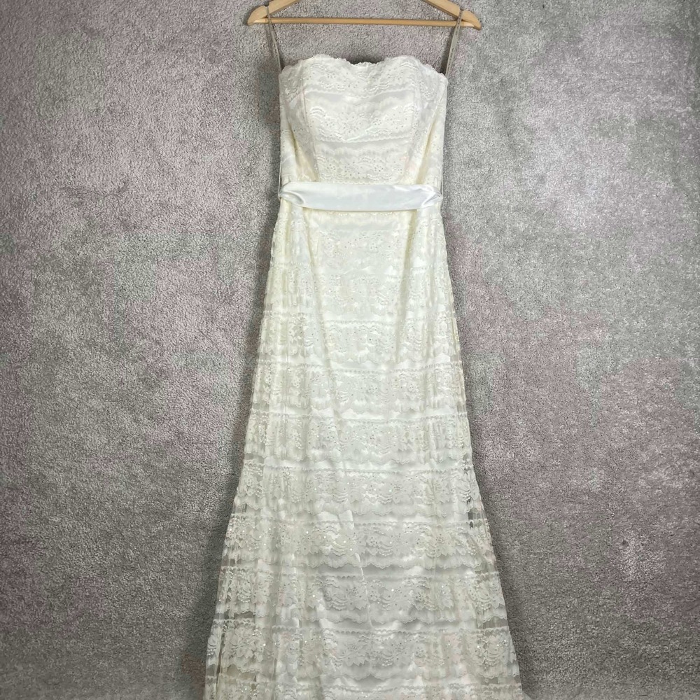Davids Bridal Galina Wedding Dress Size 8 Ivory Lace Sequin Strapless Bohemian